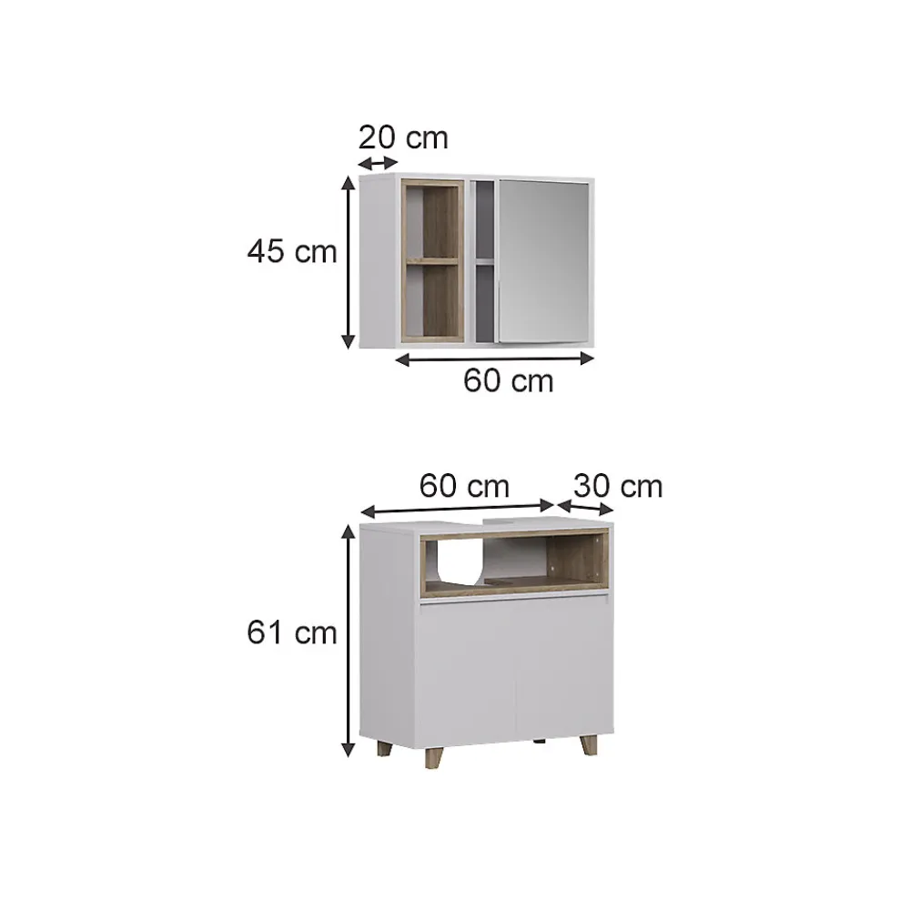Vicco Meubles bain blanc/chêne avec armoire à glace et meuble bas