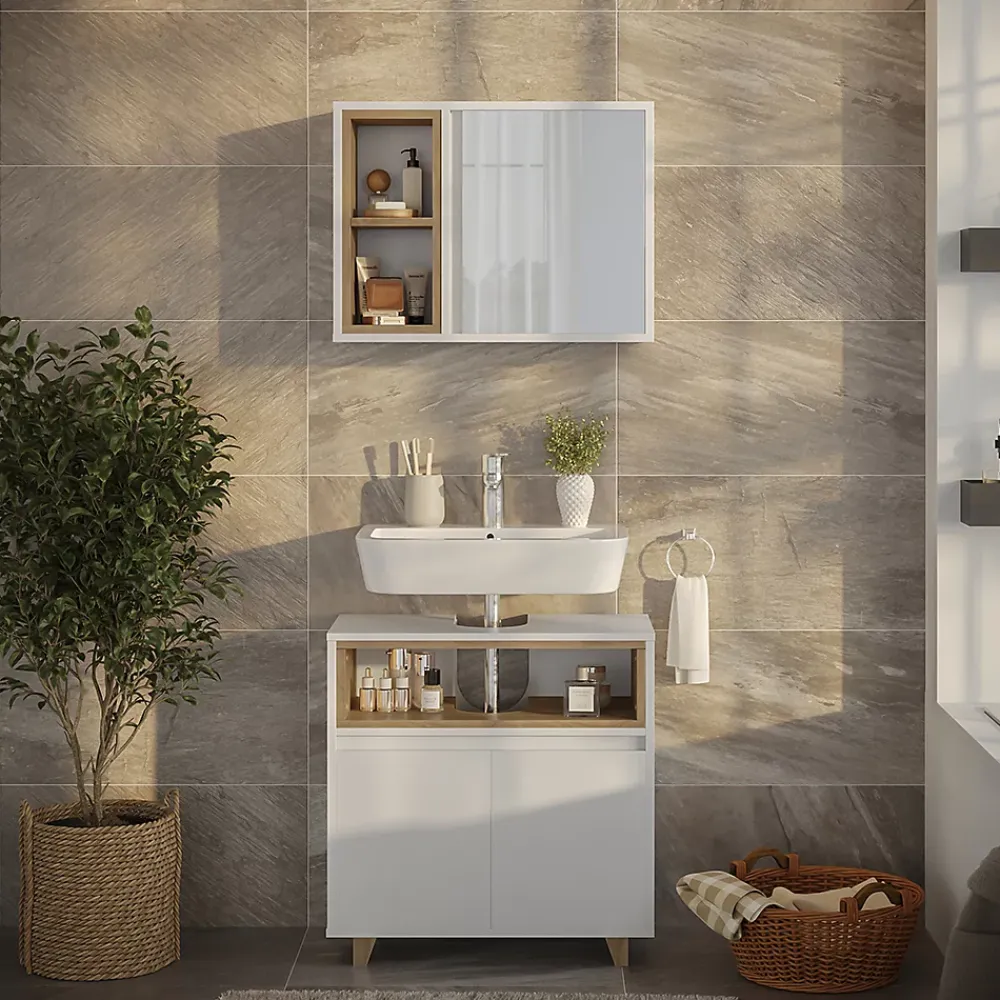 Vicco Meubles bain blanc/chêne avec armoire à glace et meuble bas