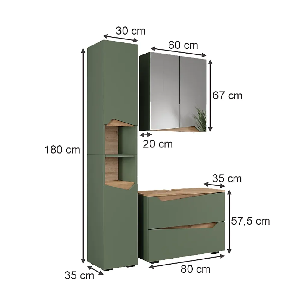 Vicco Meubles bain Vert/Artisan 3 parties avec meuble haut