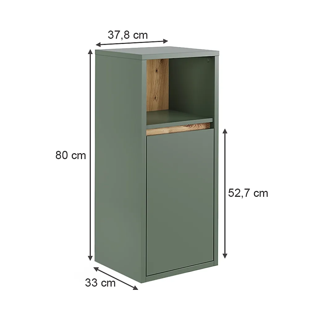 Armoire De Salle De Bains|Vicco Midischrank Vert/Artisan 33x80cm avec porte et étagère ouverte