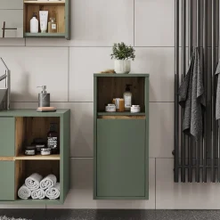 Armoire De Salle De Bains|Vicco Midischrank Vert/Artisan 33x80cm avec porte et étagère ouverte