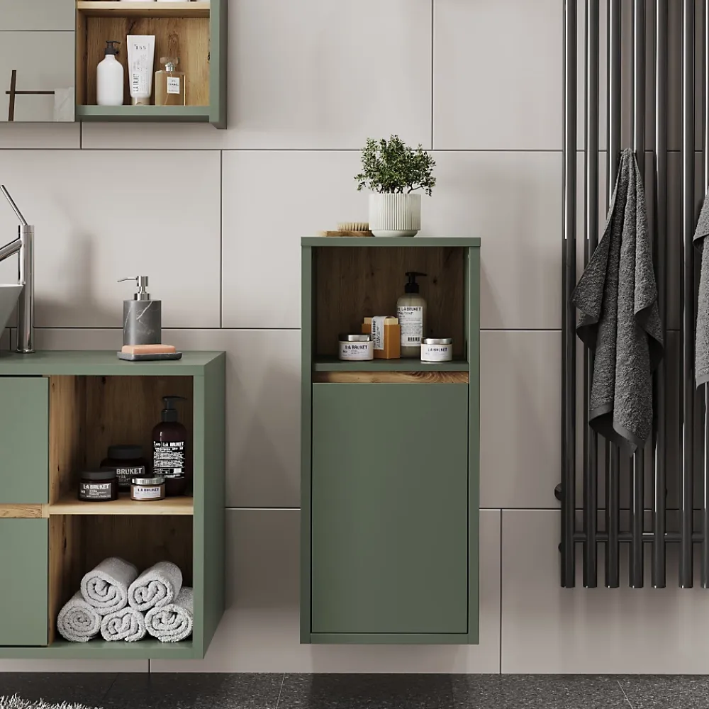 Armoire De Salle De Bains|Vicco Midischrank Vert/Artisan 33x80cm avec porte et étagère ouverte