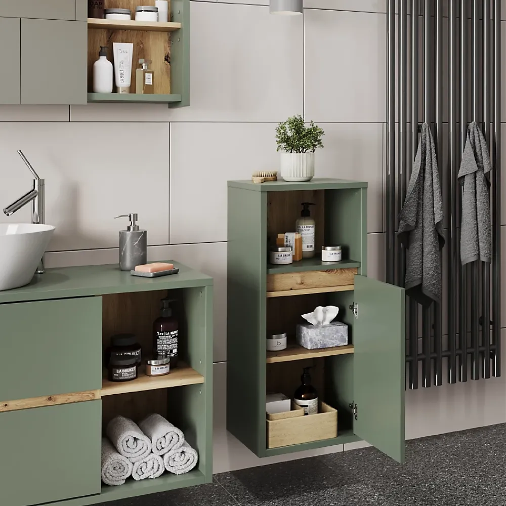 Armoire De Salle De Bains|Vicco Midischrank Vert/Artisan 33x80cm avec porte et étagère ouverte
