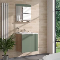 Armoire De Toilette|Vicco Miroir de salle de bain Vert/force de lor Chêne 60x62cm avec tablette