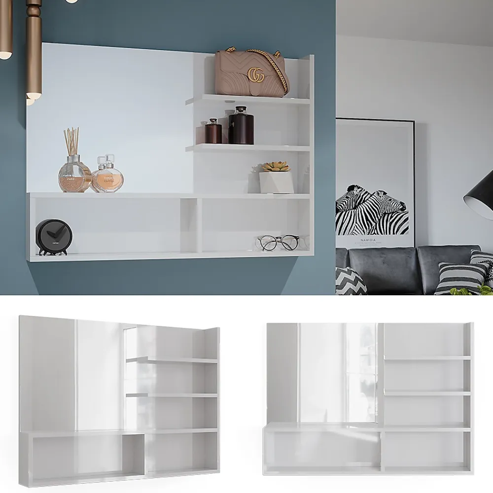 Armoire De Toilette|Vicco Miroir mural Blanc Haute brillance 89.8x65cm avec compartiments ouverts