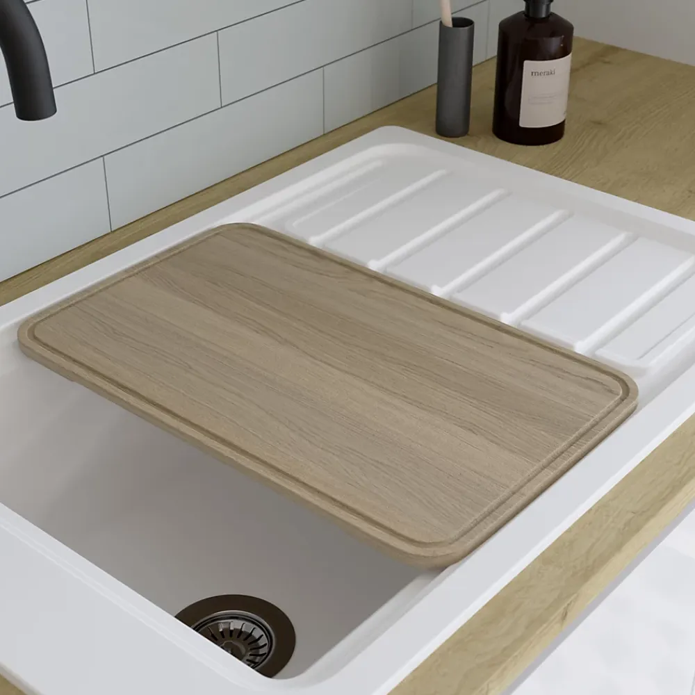 GoodHome Évier de cuisine 1 cuve et 1 égouttoir en composite de quartz blanc mat avec accessoires Romesco