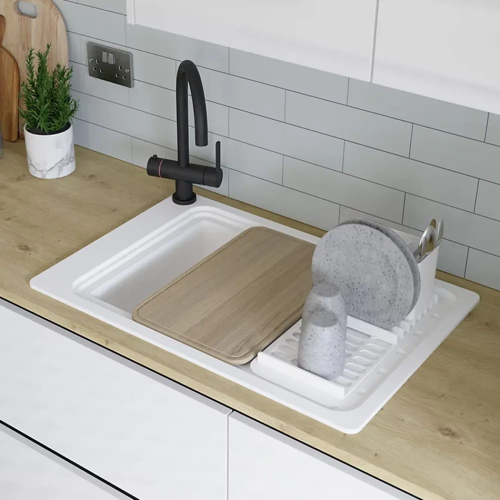 GoodHome Évier de cuisine 1 cuve et 1 égouttoir en composite de quartz blanc mat avec accessoires Romesco