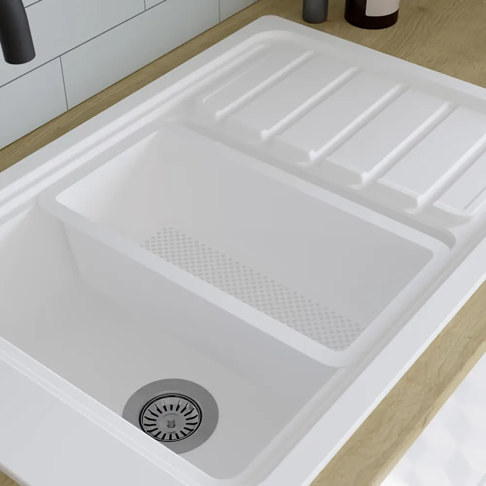 GoodHome Évier de cuisine 1 cuve et 1 égouttoir en composite de quartz blanc mat avec accessoires Romesco