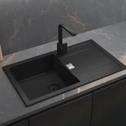 Evier Et Robinet De Buanderie|GoodHome Évier de cuisine en composite de quartz noir 1 bac à encastrer Hawking + égouttoir