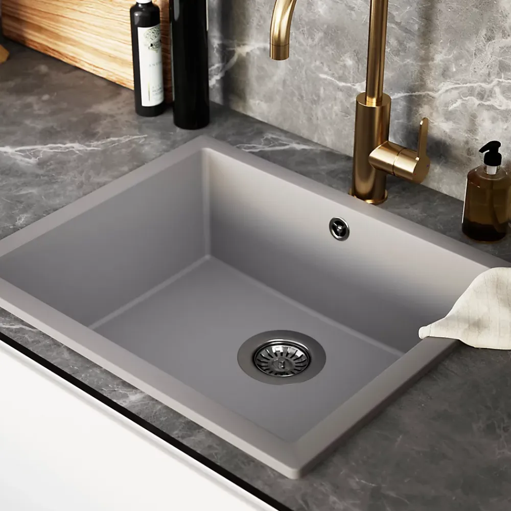 Evier Et Robinet De Buanderie|GoodHome Évier de cuisine en composite de quartz gris mat 1 bac à encastrer Sorrel