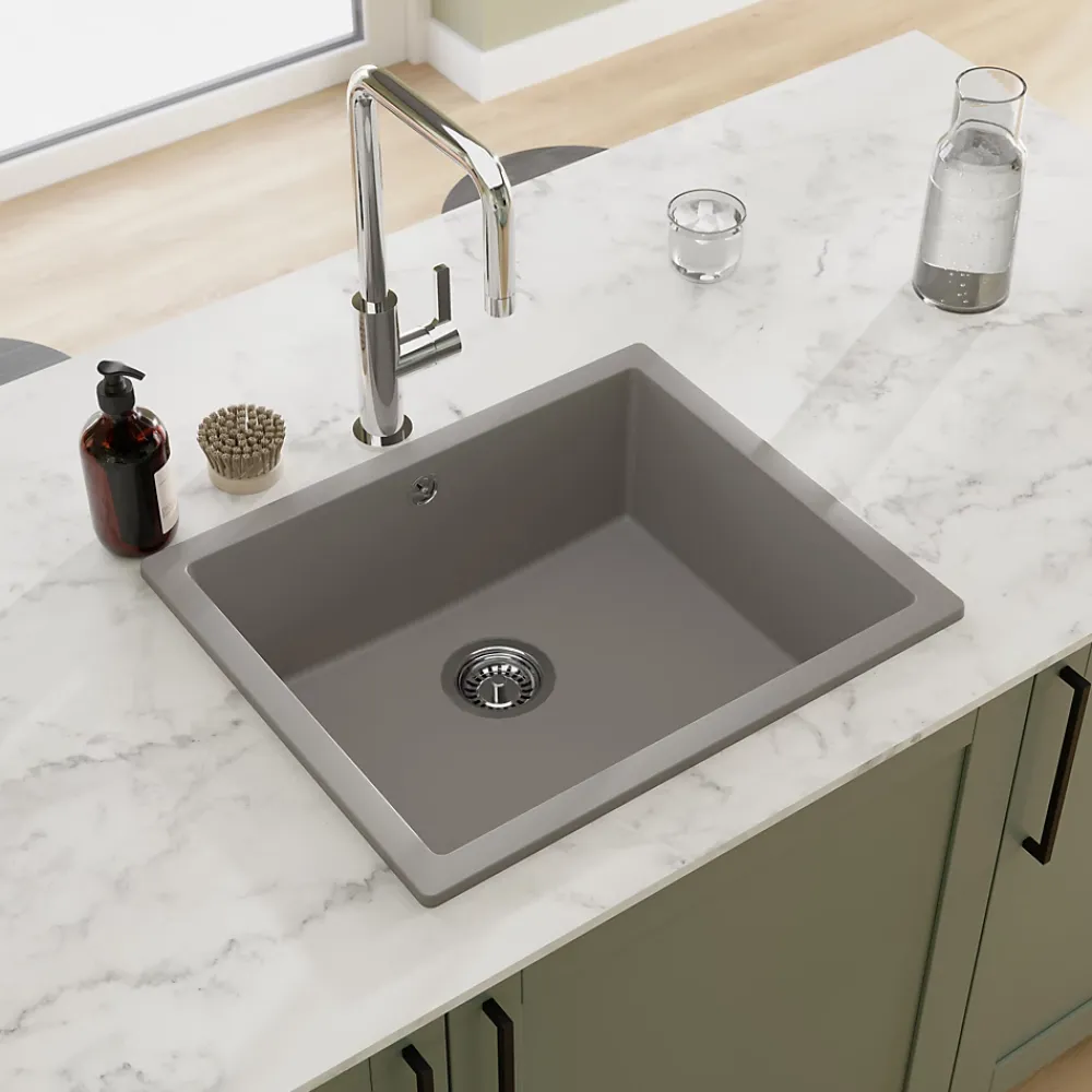 Evier Et Robinet De Buanderie|GoodHome Évier de cuisine en composite de quartz gris mat 1 bac à encastrer Sorrel