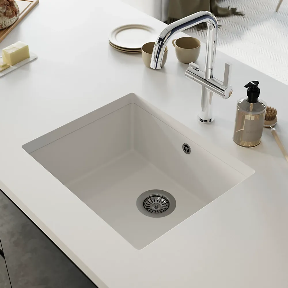 Evier Et Robinet De Buanderie|GoodHome Évier de cuisine en composite de quartz blanc mat 1 bac à encastrer Sorrel