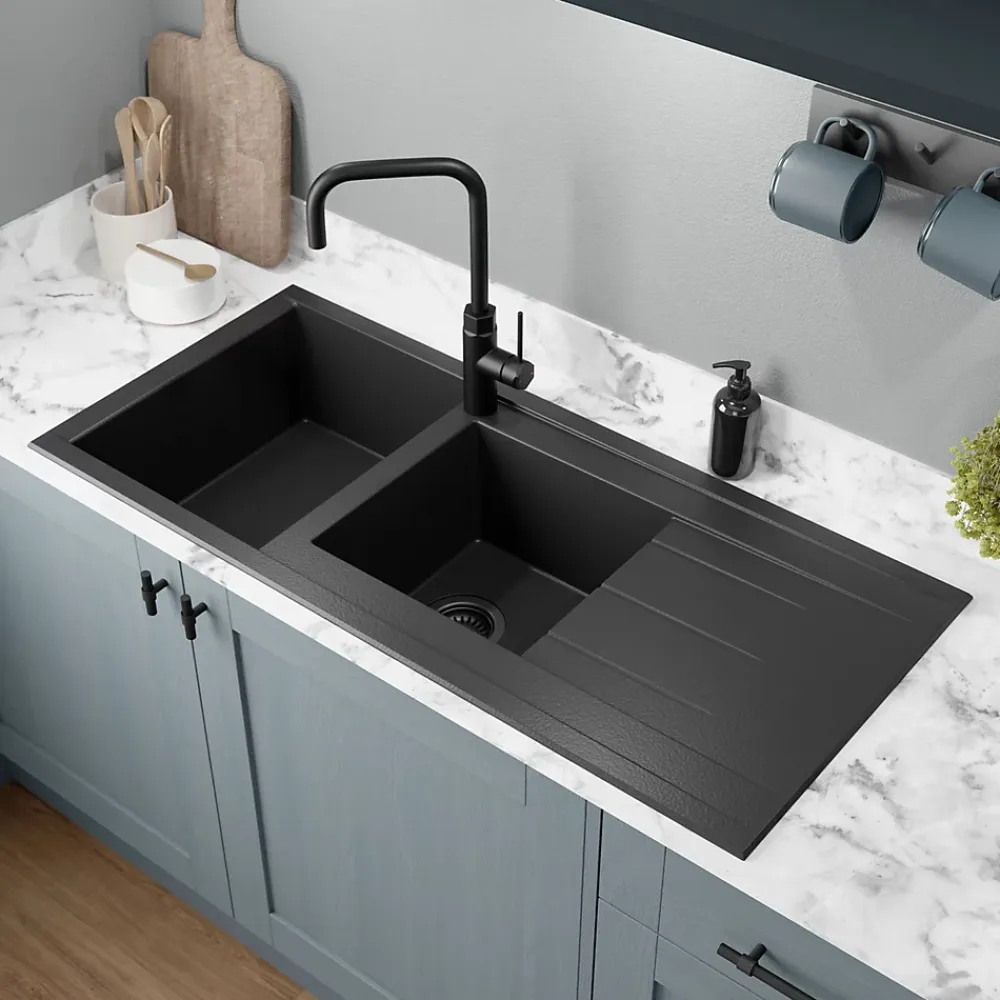 GoodHome Évier de cuisine en résine noir 2 bacs à encastrer et égouttoir Keluak