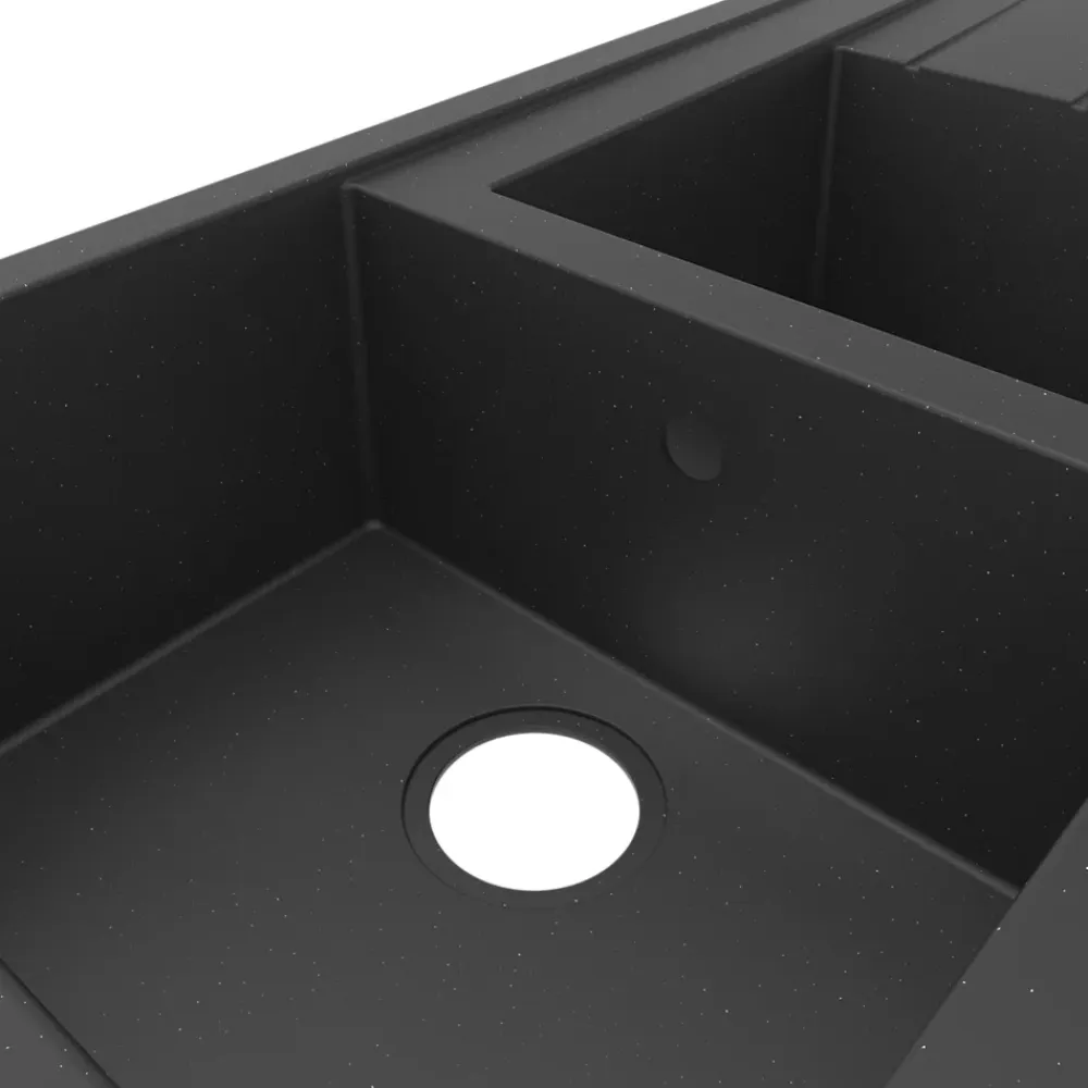 GoodHome Évier de cuisine en résine noir 2 bacs à encastrer et égouttoir Keluak
