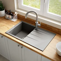 GoodHome Évier de cuisine en résine gris 1 bac à encastrer et égouttoir Keluak