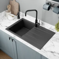 GoodHome Évier de cuisine en résine noir 1 bac à encastrer et égouttoir Keluak