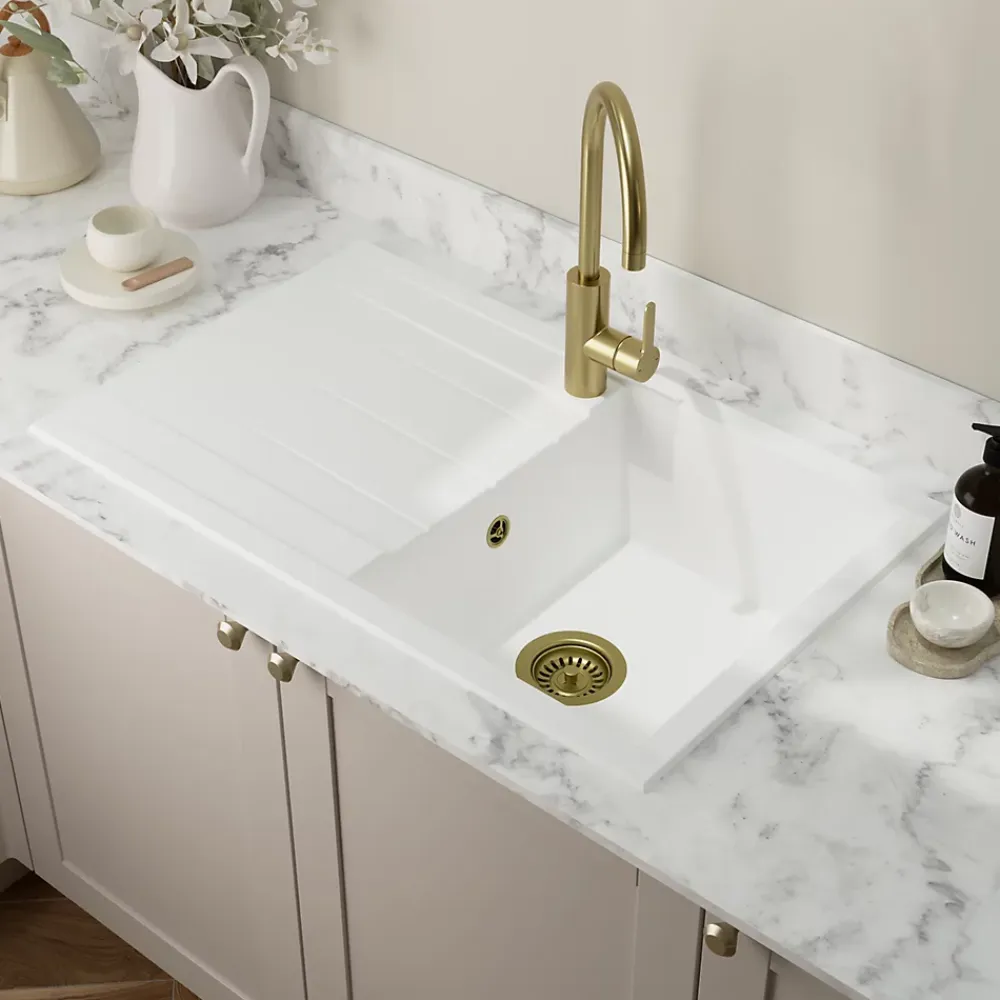 GoodHome Évier de cuisine en résine blanc 1 bac à encastrer et égouttoir Keluak