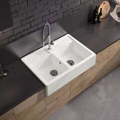Carea Évier timbre d'office de cuisine à poser 2 bacs granit blanc glacial