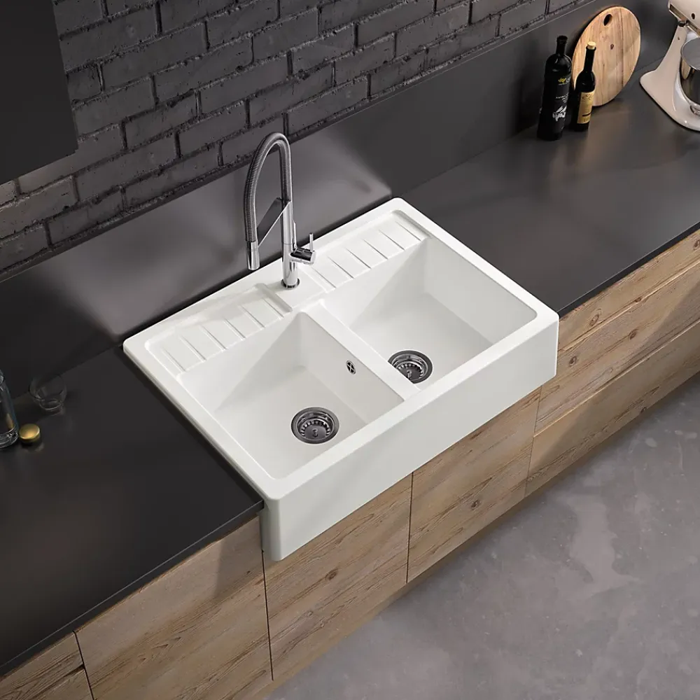 Carea Évier timbre d'office de cuisine à poser 2 bacs granit blanc glacial
