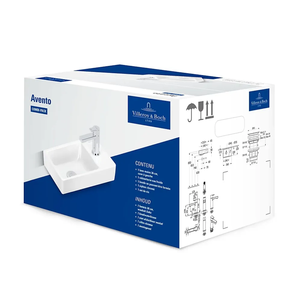 Villeroy & Boch Avento, pack lave-mains avec robinetterie, bonde clic-clac, siphon chromé et kit de fixation