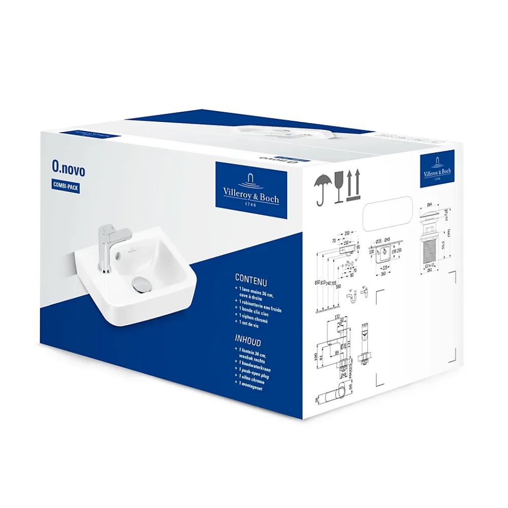 Villeroy & Boch O.novo, pack lave-mains avec robinetterie, bonde clic-clac, siphon chromé et kit de fixation