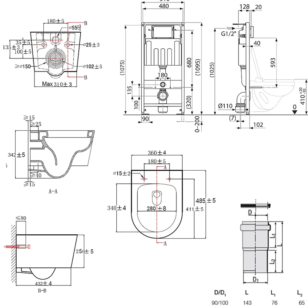 Villeroy & Boch Pack WC Bâti-support sol mur + WC SAT sans bride + Abattant SoftClose + Plaque noire (VCNSAT4)