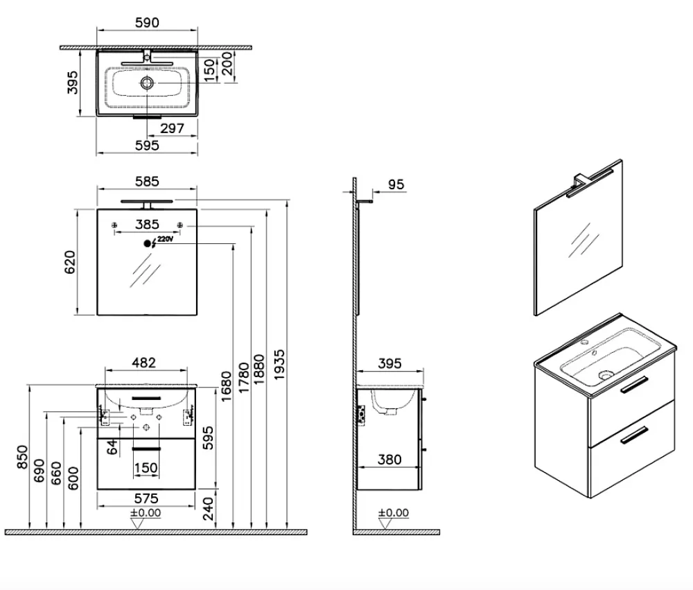 Ensemble Meuble De Salle De Bains|Vitra Mia ensemble avec meuble préassemblé 59x61x39,5 cm + miroir + lavabo céramique + éclairage LED, chêne (MIASET60D)