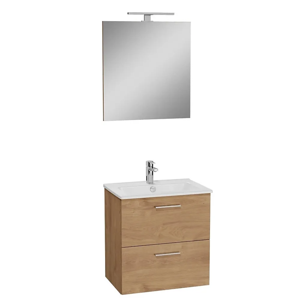 Ensemble Meuble De Salle De Bains|Vitra Mia ensemble avec meuble préassemblé 59x61x39,5 cm + miroir + lavabo céramique + éclairage LED, chêne (MIASET60D)