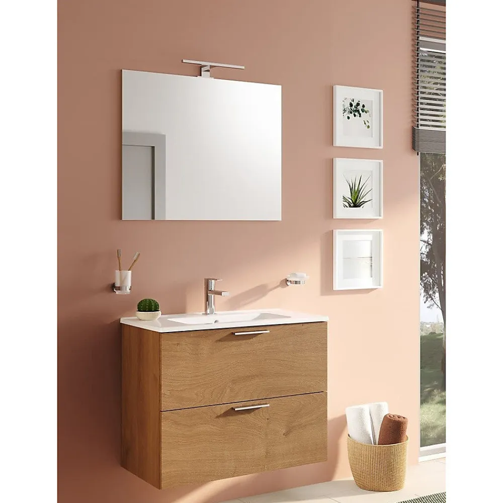 Ensemble Meuble De Salle De Bains|Vitra Mia ensemble meuble 79x61x39,5 cm avec miroir, lavabo et éclairage LED, Chêne (MIASET80D)