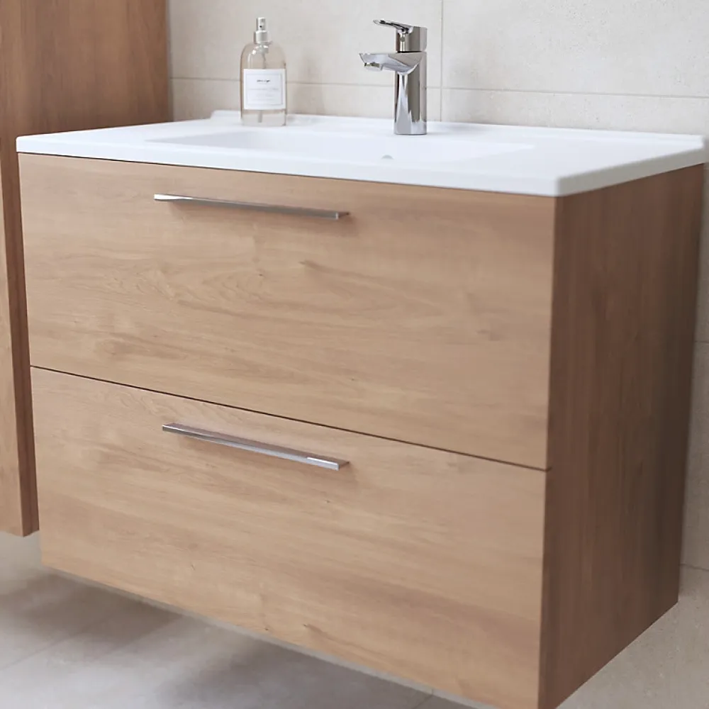 Ensemble Meuble De Salle De Bains|Vitra Mia ensemble meuble 79x61x39,5 cm avec miroir, lavabo et éclairage LED, Chêne (MIASET80D)