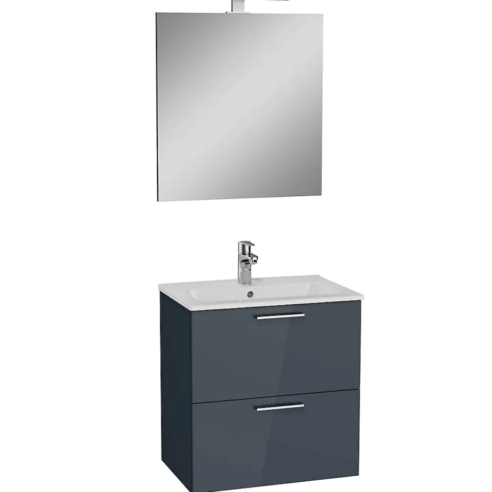 Ensemble Meuble De Salle De Bains|Vitra Mia ensemble meuble préassemblé 59x61x39,5 cm avec lavabo, miroir et éclairage LED, Anthracite brillant (MIASET60A)