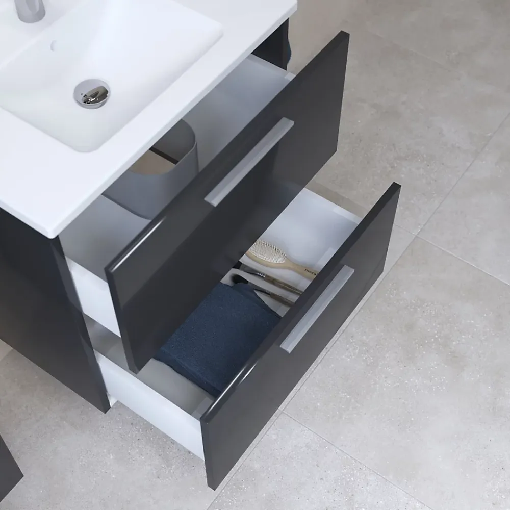 Ensemble Meuble De Salle De Bains|Vitra Mia ensemble meuble préassemblé 59x61x39,5 cm avec lavabo, miroir et éclairage LED, Anthracite brillant (MIASET60A)