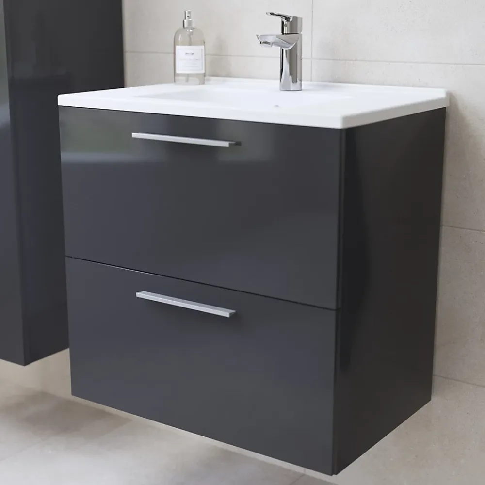 Ensemble Meuble De Salle De Bains|Vitra Mia ensemble meuble préassemblé 59x61x39,5 cm avec lavabo, miroir et éclairage LED, Anthracite brillant (MIASET60A)