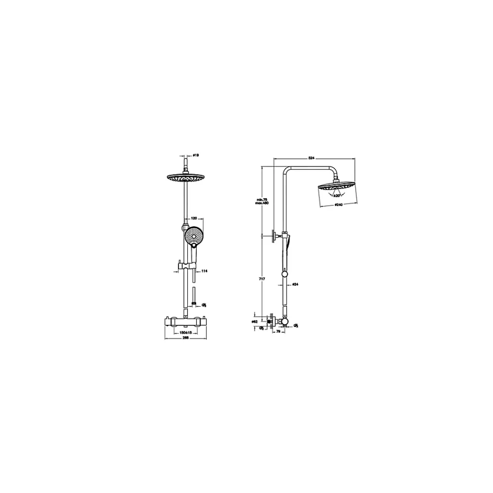Vitra AquaHeat Bliss 240 2F colonne de douche cuivre avec mitigeur thermostatique et pomme de tête pluie ronde