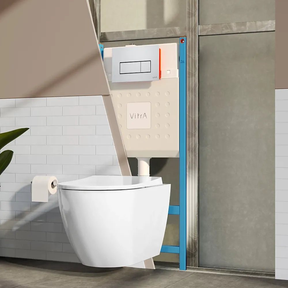 Vitra Pack WC Mia suspendu cuvette carénée fixations invisibles et bati support autoportant avec plaque Chromée