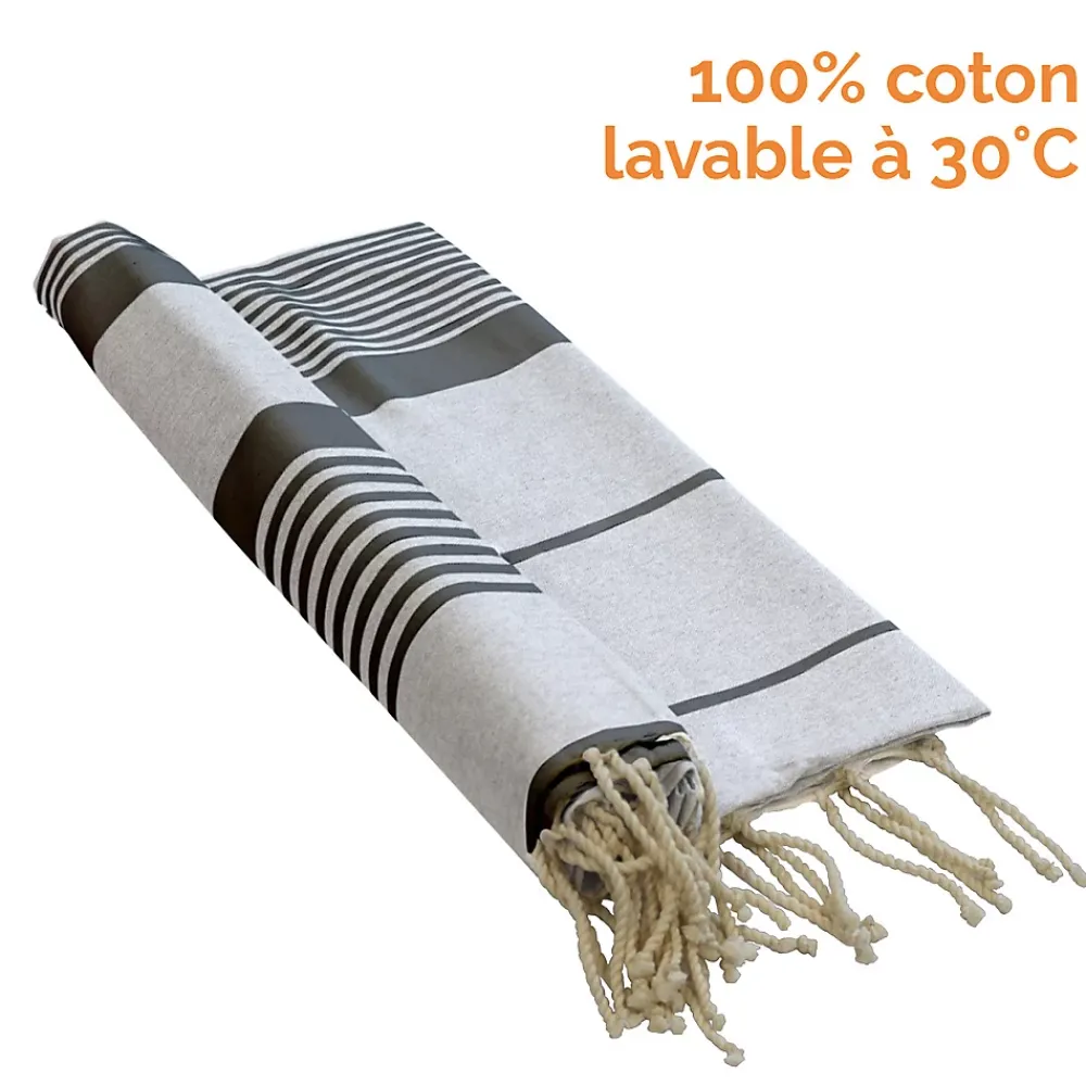 Vivezen Véritable fouta Tunisienne 1m x 2m tissage à plat 100% coton 380g - Blanc cassé et gris foncé -