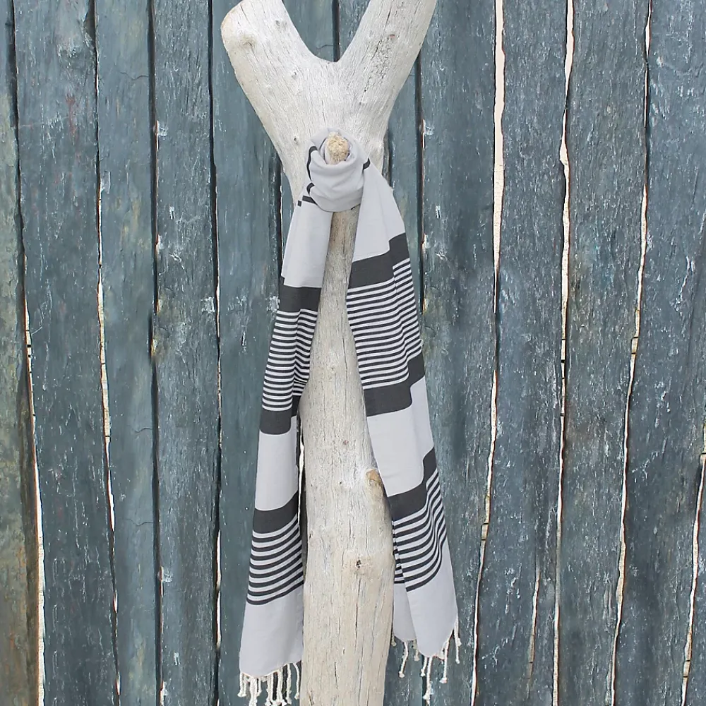 Vivezen Véritable fouta Tunisienne 1m x 2m tissage à plat 100% coton 380g - Blanc cassé et gris foncé -