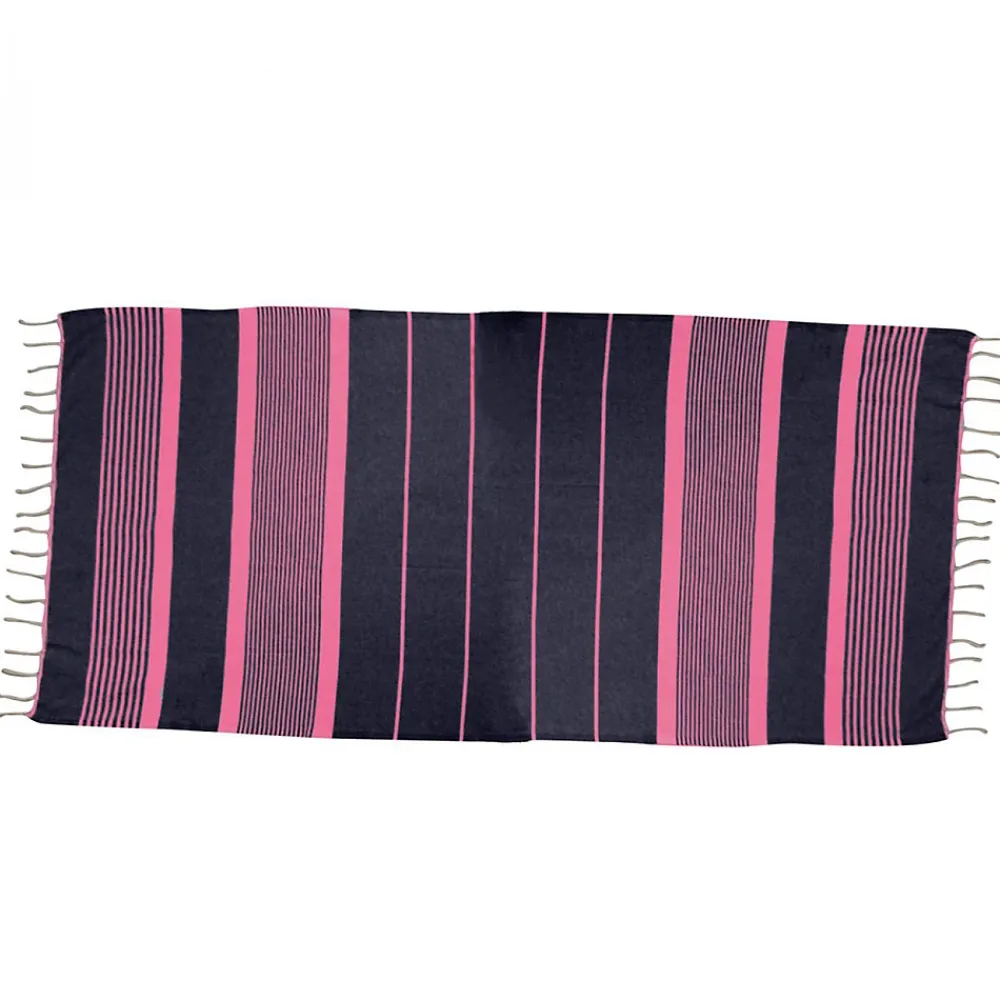 Serviette De Bain|Vivezen Véritable fouta Tunisienne 1m x 2m tissage à plat 100% coton 380g - Gris foncé et rose -