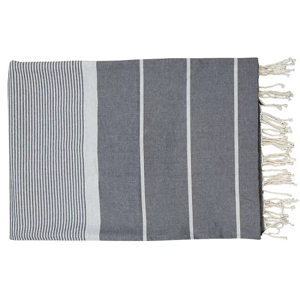 Serviette De Bain|Vivezen Véritable fouta Tunisienne XXL 2m x 3m tissage à plat 100% coton 380g - Gris foncé et gris clair -