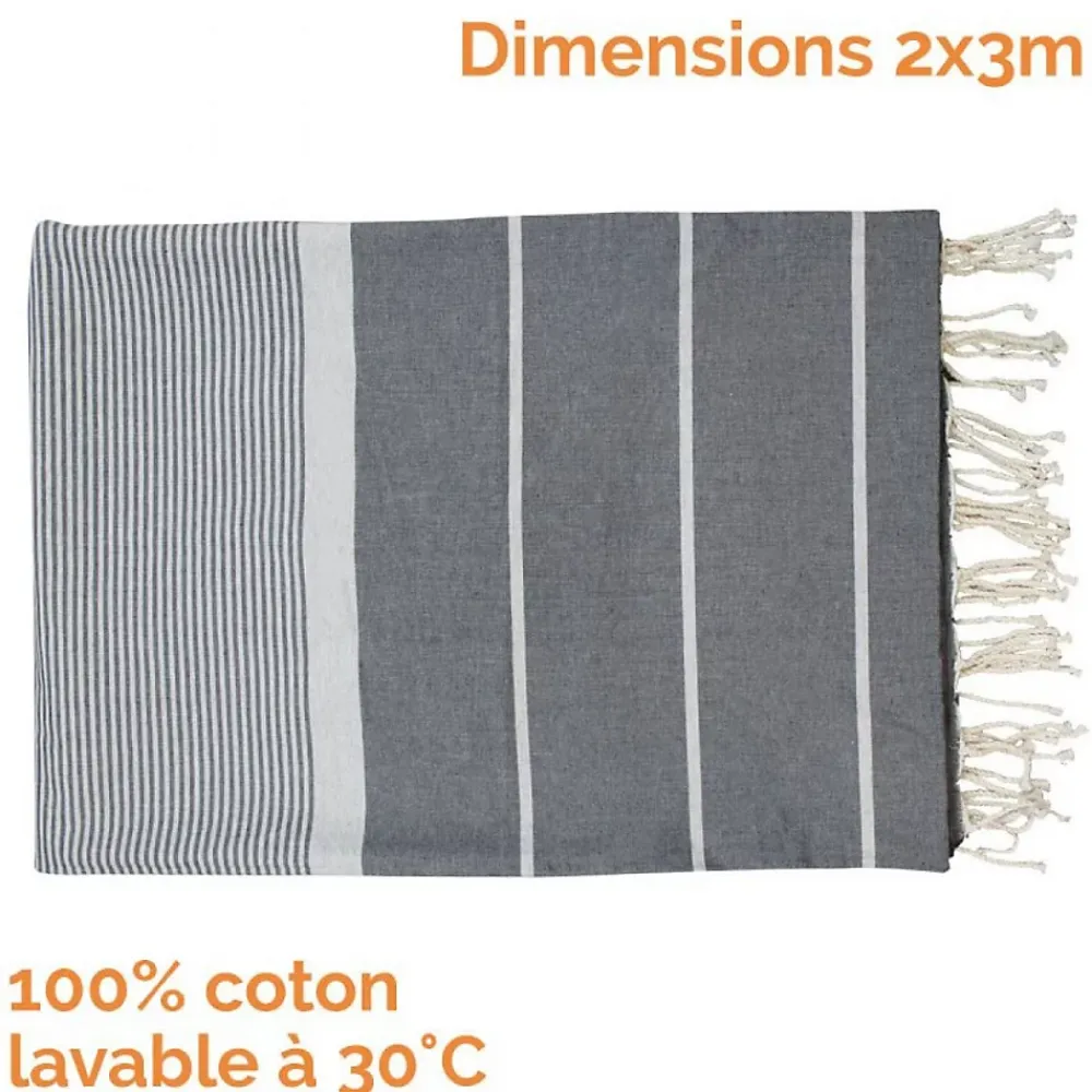 Serviette De Bain|Vivezen Véritable fouta Tunisienne XXL 2m x 3m tissage à plat 100% coton 380g - Gris foncé et gris clair -