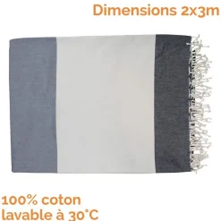 Serviette De Bain|Vivezen Véritable fouta Tunisienne XXL 2m x 3m tissage à plat 100% coton 380g - Gris et beige -