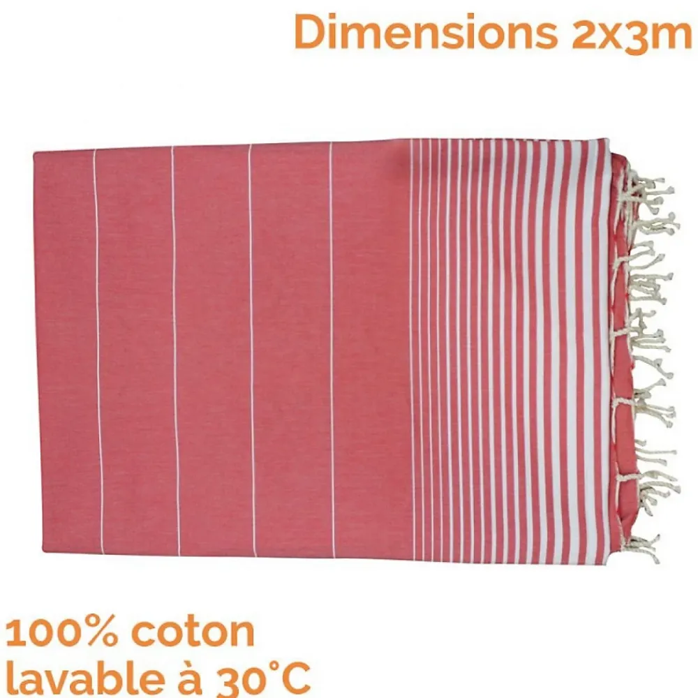Vivezen Véritable fouta Tunisienne XXL 2m x 3m tissage à plat 100% coton 380g - Rouge vermeil et blanc -