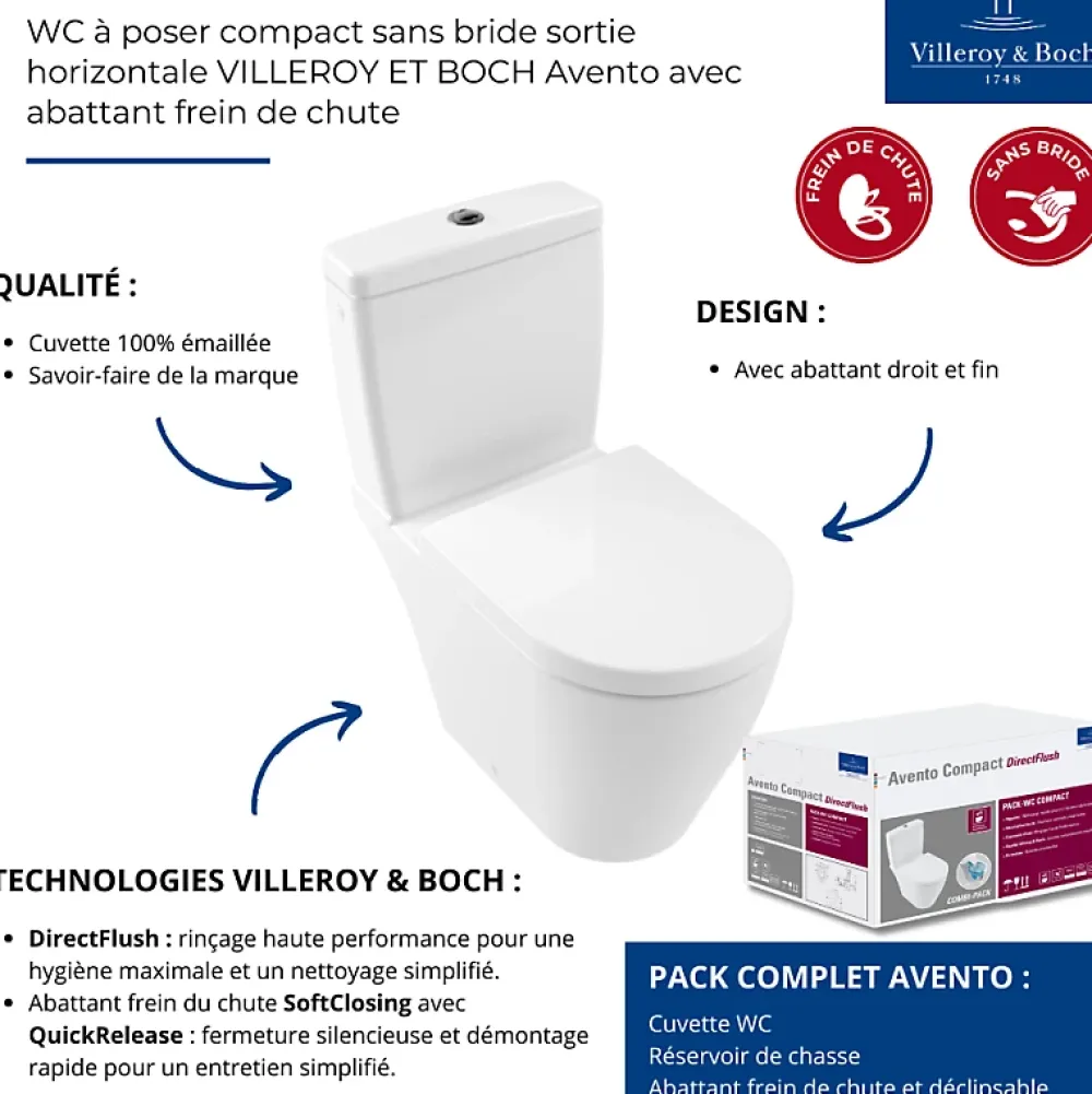 Wc À Poser|Villeroy & Boch WC à poser compact sans bride sortie horizontale VILLEROY ET BOCH Avento avec abattant frein de chute