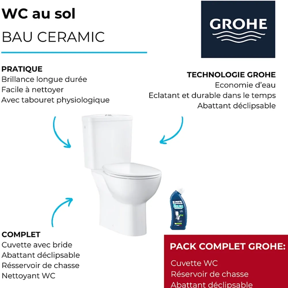 Wc À Poser|Grohe WC à poser sans bride Bau Ceramic avec abattant frein de chute declipsable + nettoyant Briochin