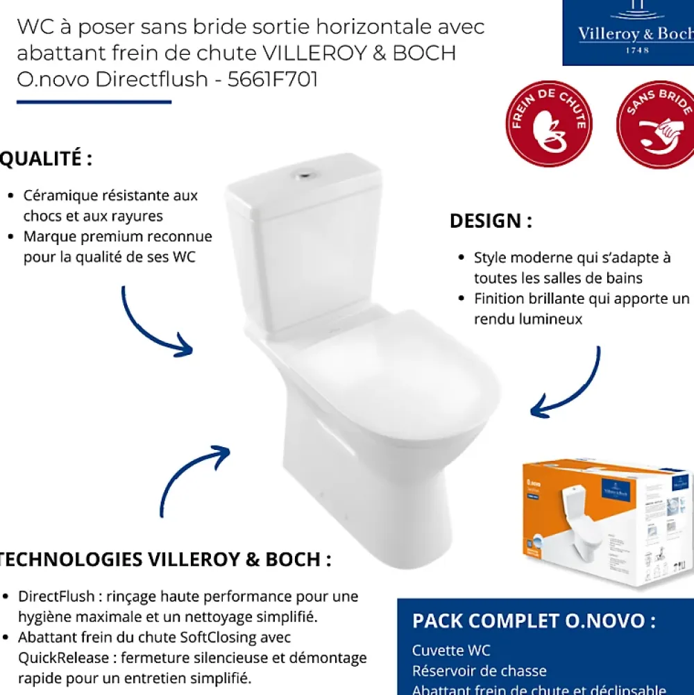 Wc À Poser|Villeroy & Boch WC à poser sans bride sortie horizontale O.novo Directflush avec abattant frein de chute + nettoyant
