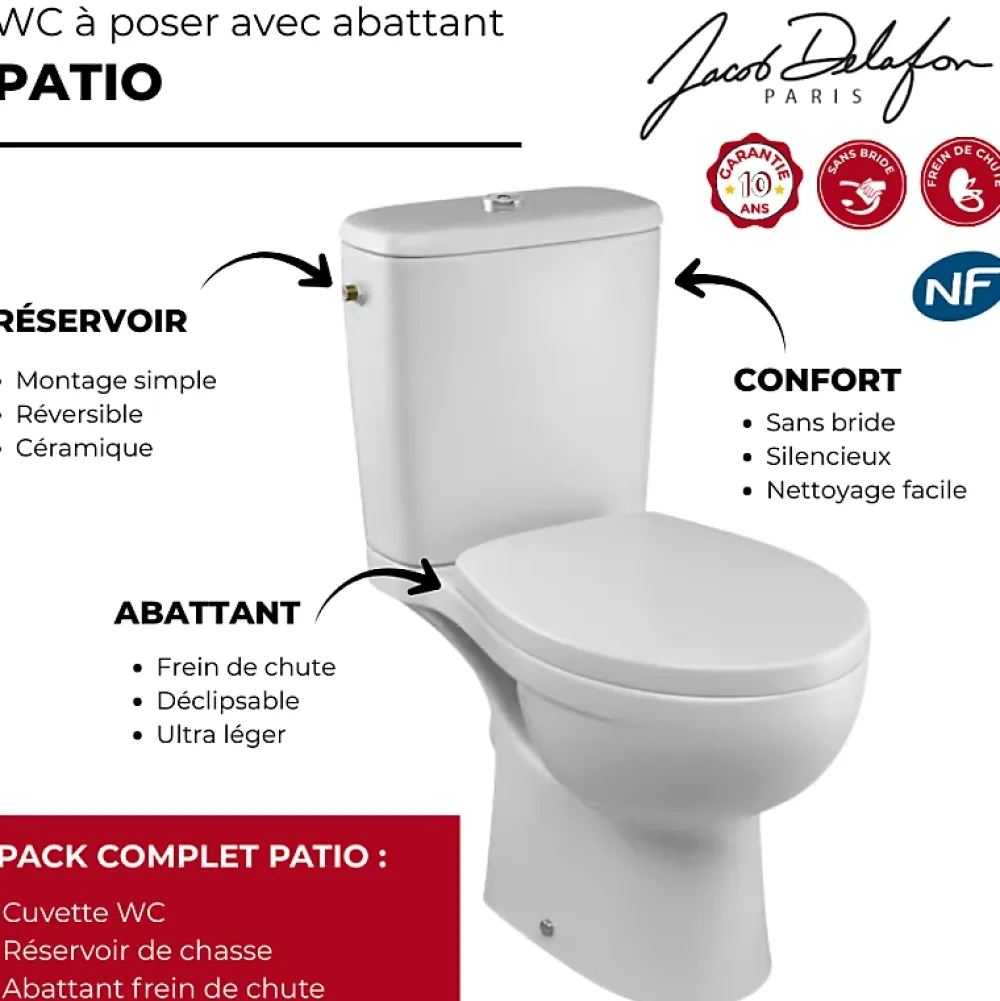 Wc À Poser|Jacob Delafon WC à poser sans bride sortie horizontale Patio avec abattant frein de chute déclipsable