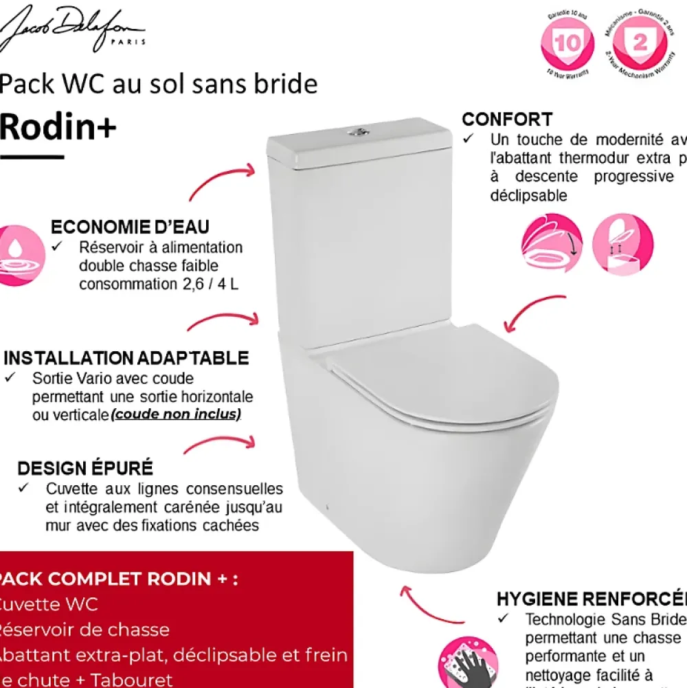 Wc À Poser|Jacob Delafon WC à poser sans bride sortie universelle Rodin+ avec abattant frein de chute + tabouret physiologique bois