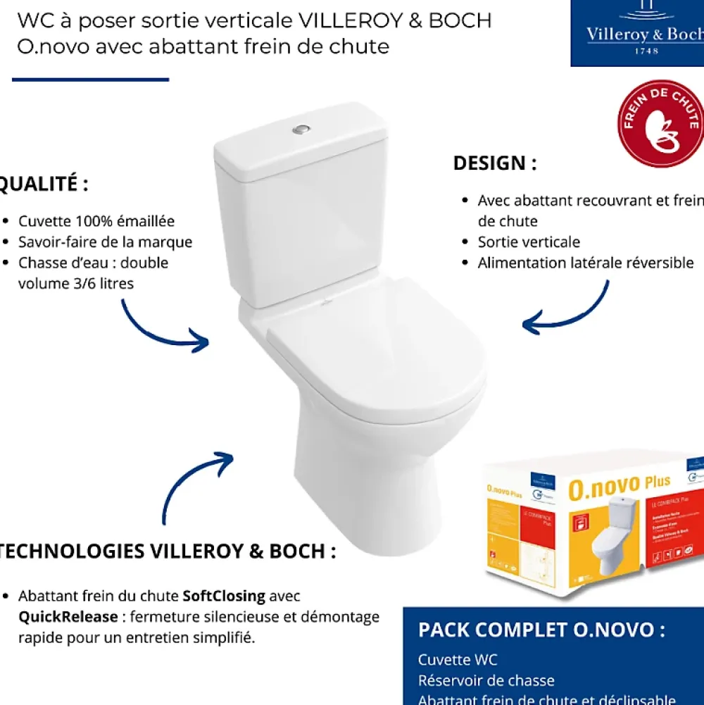 Villeroy & Boch WC à poser sortie verticale O.novo avec abattant frein de chute + nettoyant