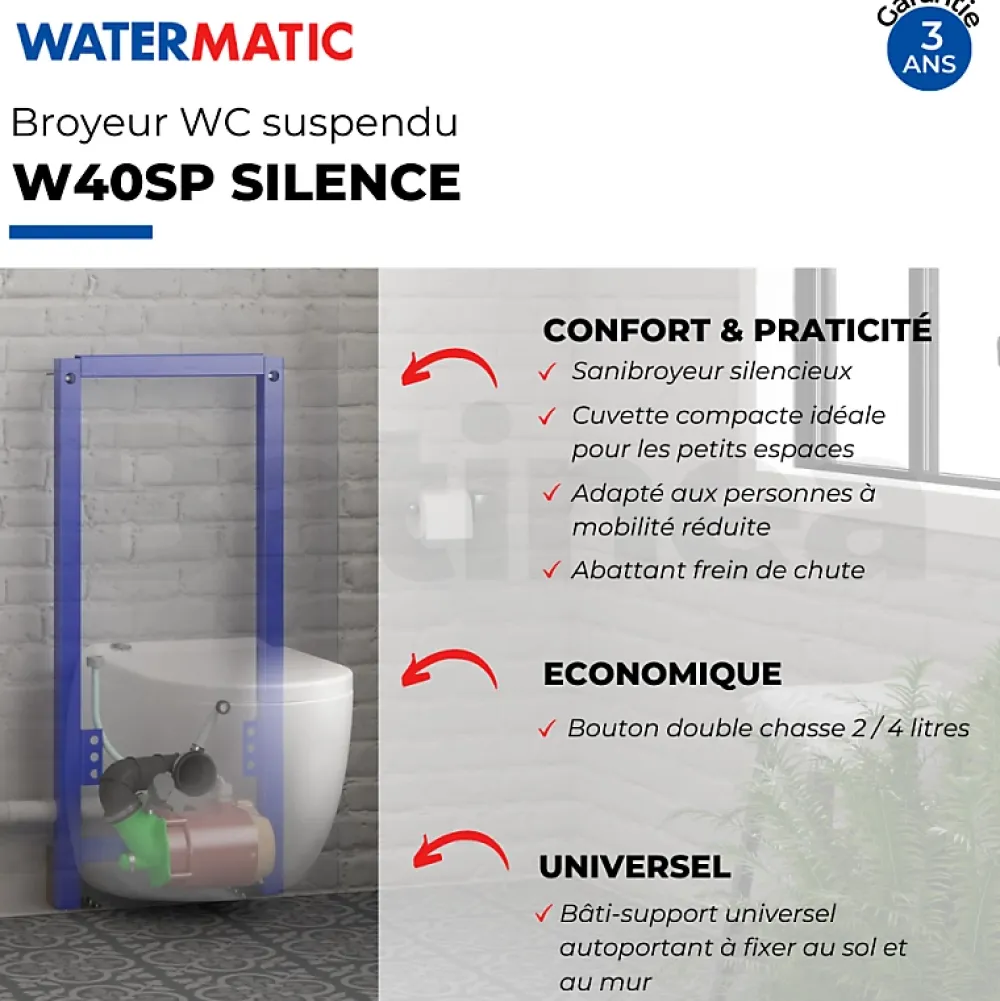 Watermatic WC broyeur suspendu W40SP Silence avec abattant