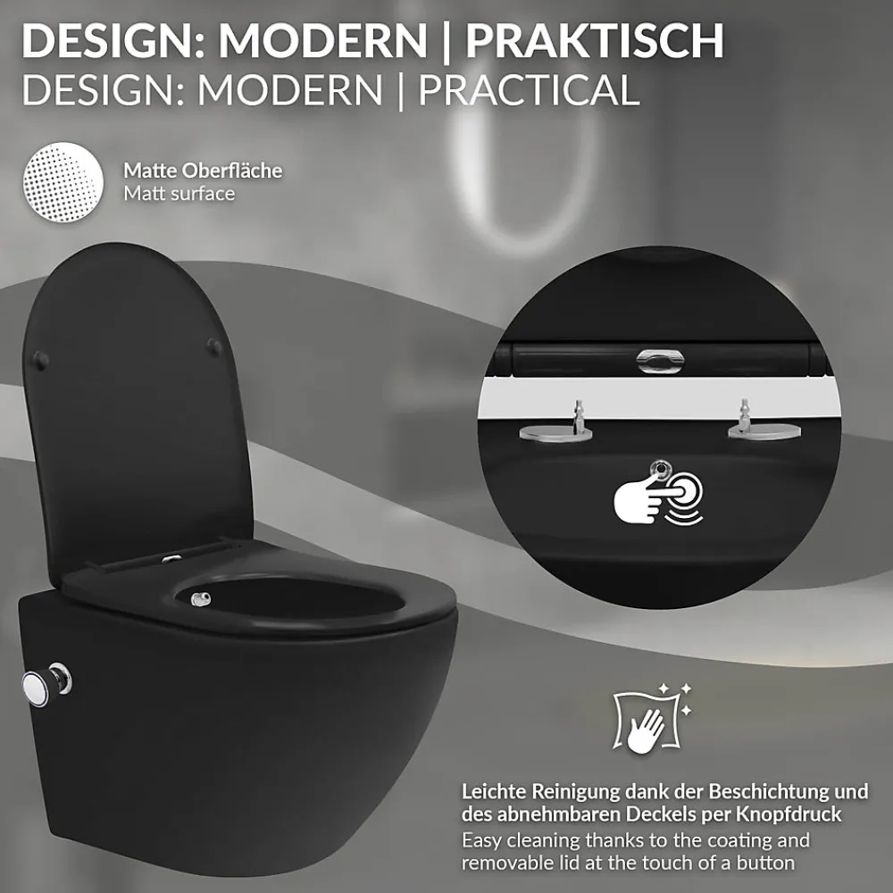 Wc Suspendu|Luxebath WC suspendu chasse d'eau tornado fonction bidet noir mat avec siège Softclose